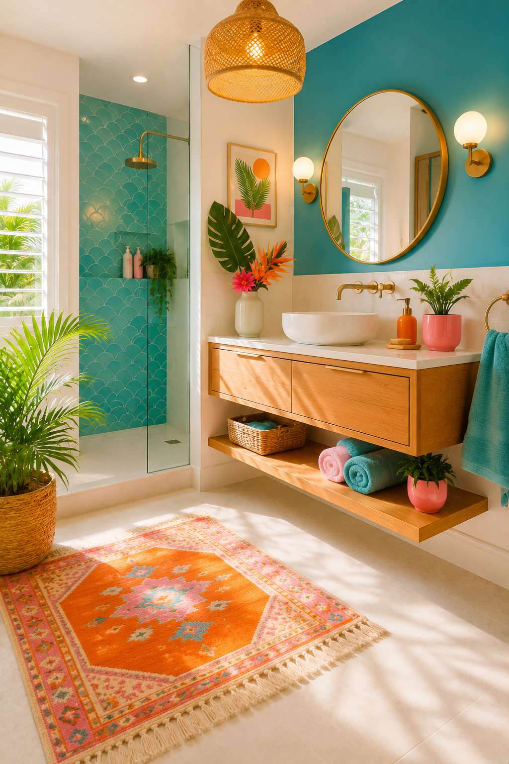 Stylishly decorated bathroom with practical storage and home decor